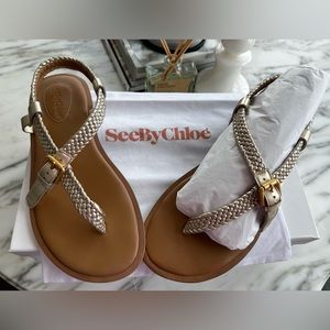 See by Chloe Nola Gold Braided Strap Thong Sandals 8 38